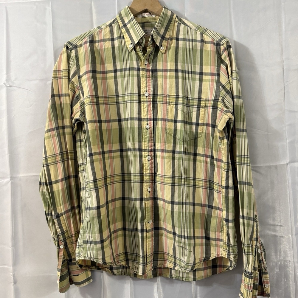 Vtg Gant Rugger EZ-OBD Yellow Pink Madras Plaid Button Down Plaid Dress Shirt M